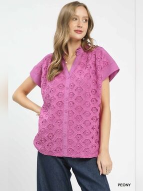 Umgee Lace Embroidered Button-Front Top- Pink
